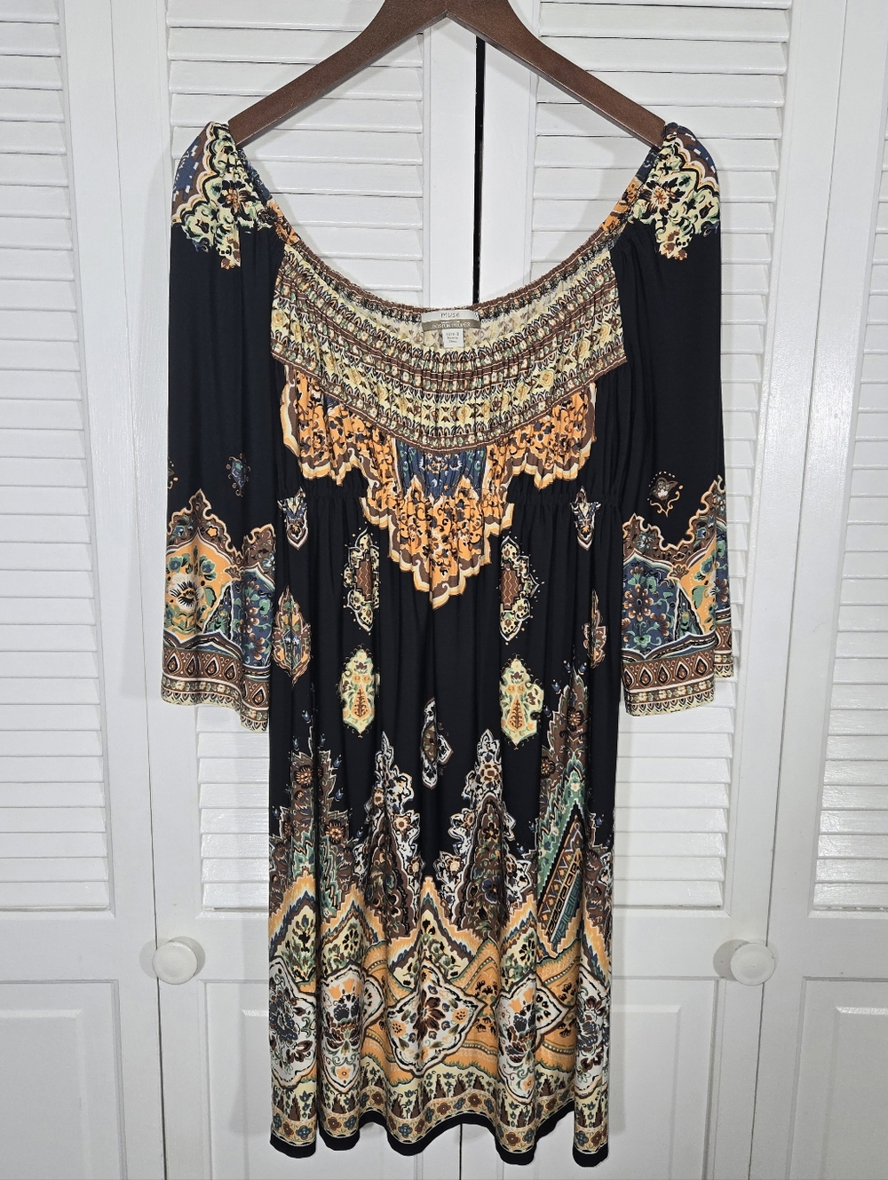 Muse Exclusively For Boston Proper Boho Peasant Smocked 3/4 Stretchy Knit Sz 8